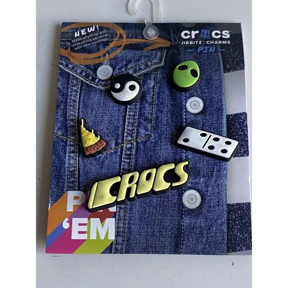 5 Pack Crocs Jibbitz Dude Pin Backer Alien Dominoes Peace Pizza Slice NEW - Picture 1 of 12